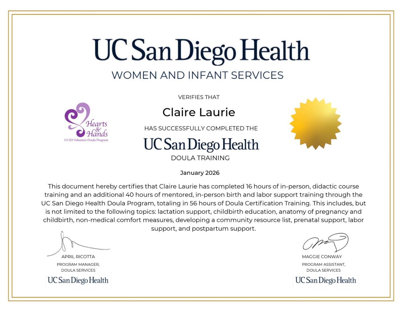 UC San Diego Health Women and Infant Services certificate verifying that Claire Laurie has successfully completed doula training, January 2026